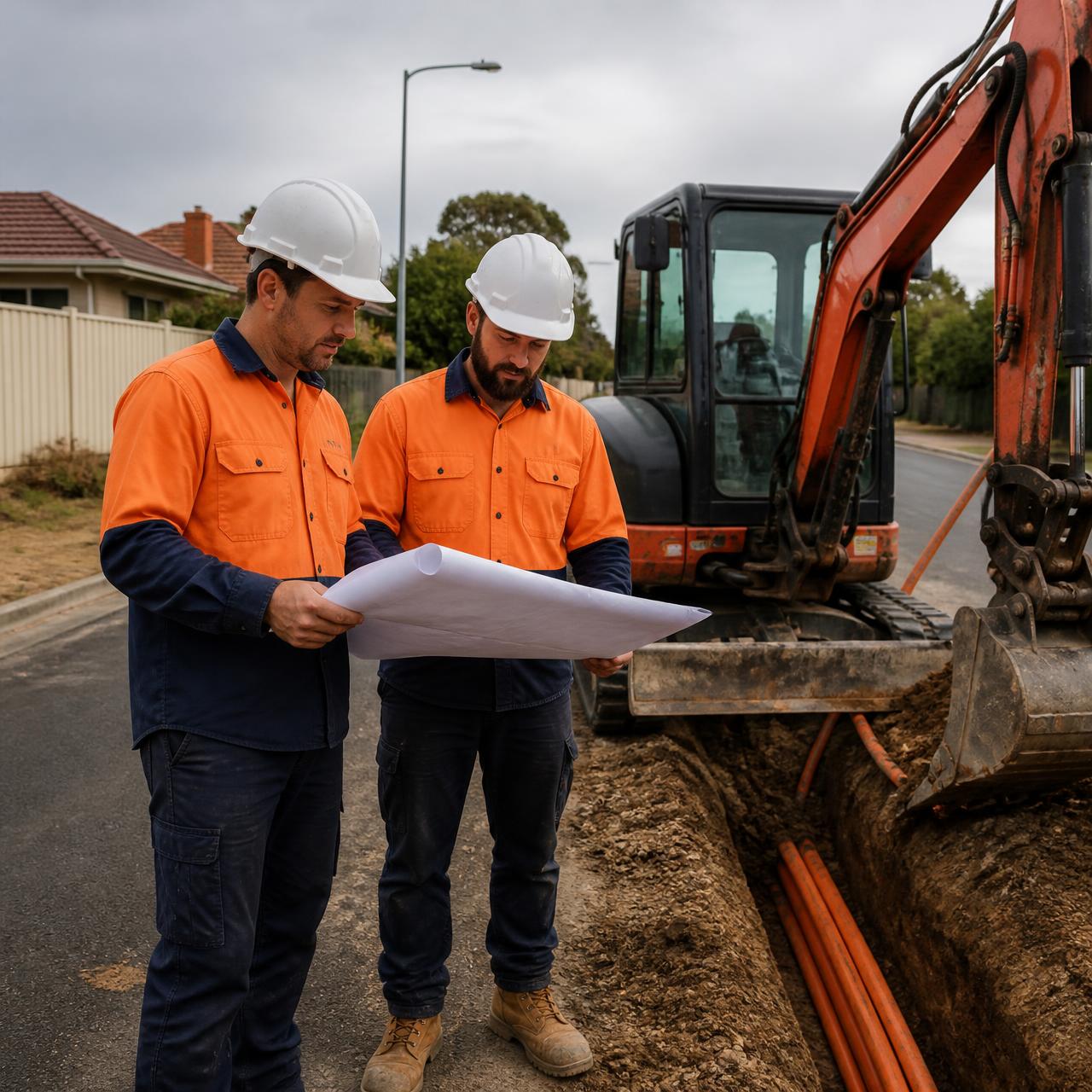 Two workers in hi-vis reviewing plans beside an excavator and conduit trench