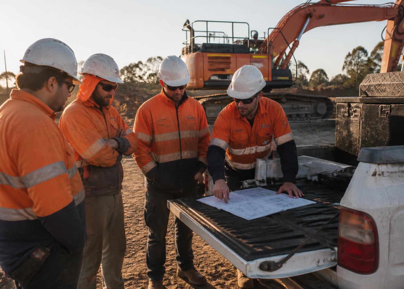 Site pre-start briefing with workers in hi-vis around a ute tailgate